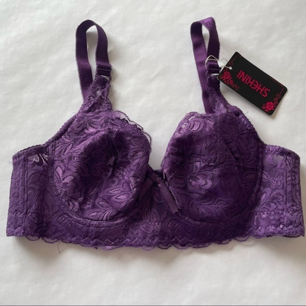 Floral Lace Bow Underwire Bra Purple Size 34C